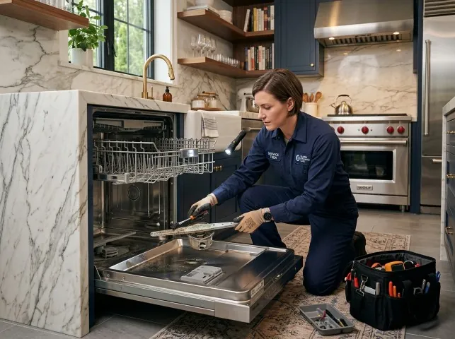 Appliance Repair Hero technician servicing a built-in dishwasher in a Cabot, AR kitchen