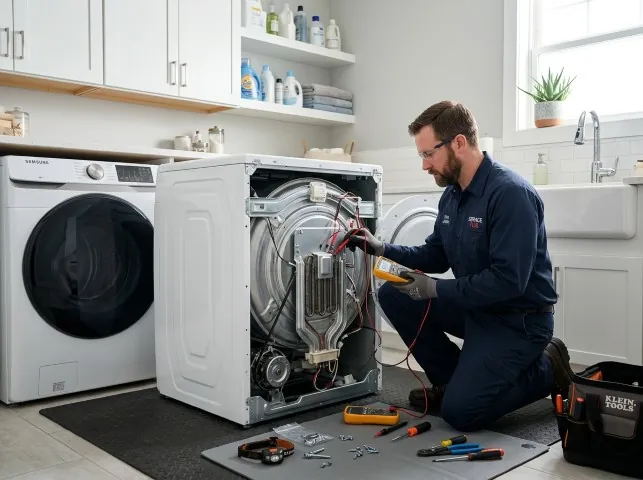 Appliance Repair Hero technician checking a dryer heating element with the rear panel off in Cabot, AR