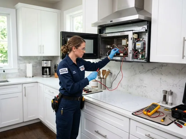 Appliance Repair Hero technician testing an over-the-range microwave in a Cabot, AR kitchen
