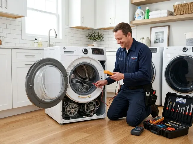 Appliance Repair Hero technician testing a front-load washer with a multimeter on a Cabot, AR service call